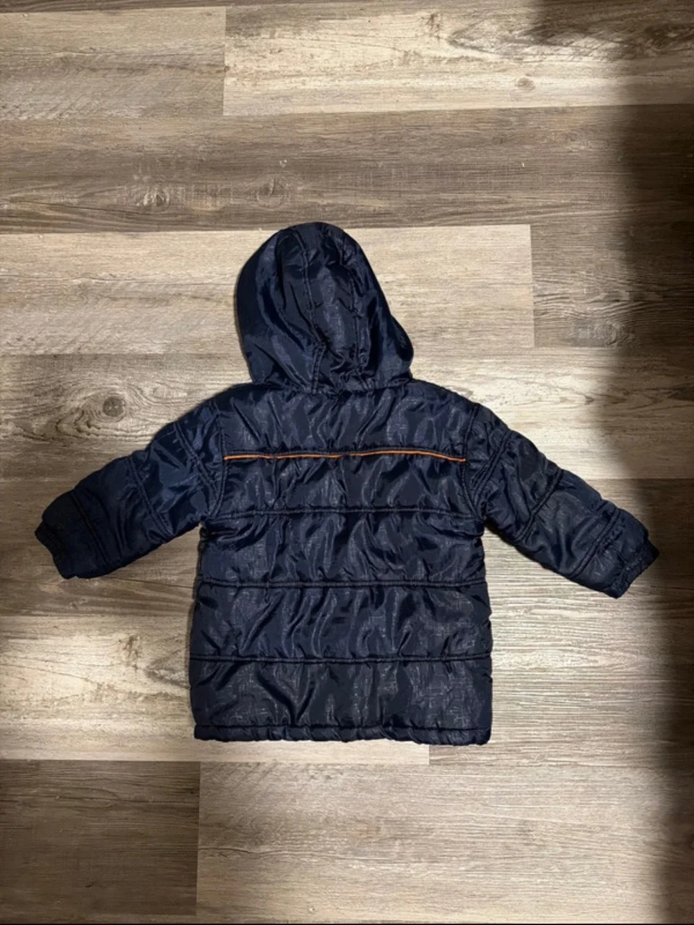 Nike Kids Navy Puffer Coat with Orange Hood and Trim size 4
